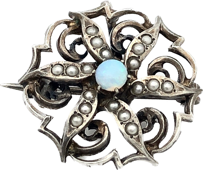 1918 Fire Opal & Sterling Mini Brooch & Medallion in One