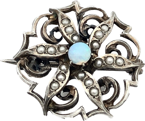 1918 Fire Opal & Sterling Mini Brooch & Medallion in One