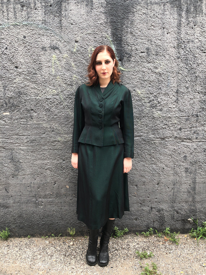1950s Green Sheen Cocktail Skirt Set         w29 (M)