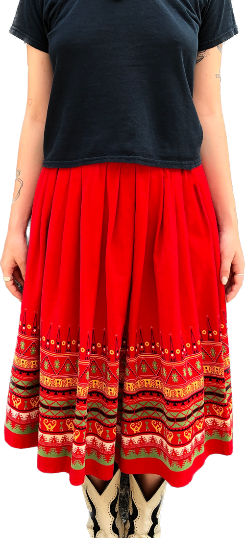 1950s Red Corduroy Design Hem Skirt        W27