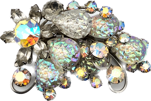 60s Iridescent Glass & Rhinestone Curled Brooch
