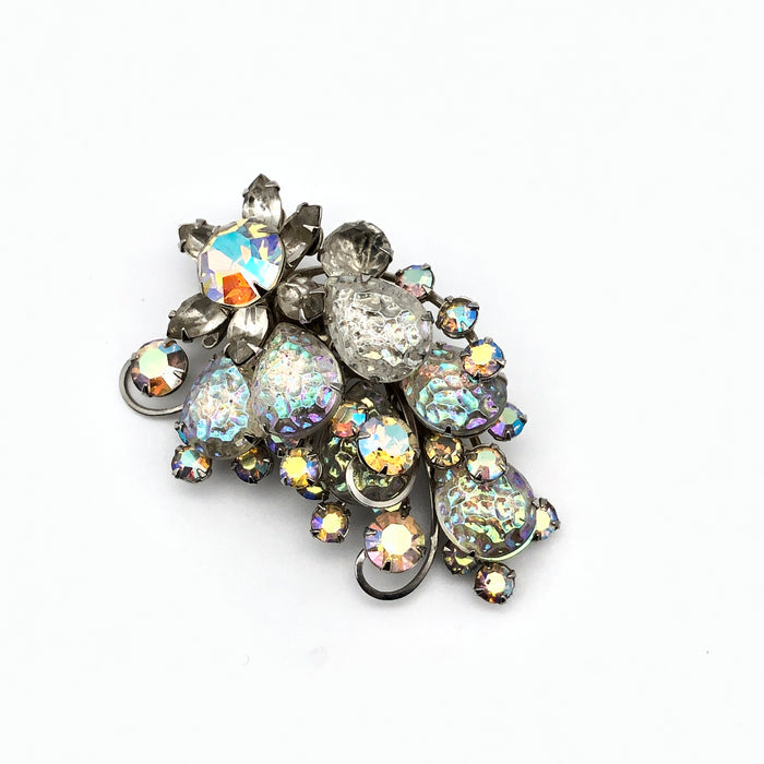 60s Iridescent Glass & Rhinestone Curled Brooch