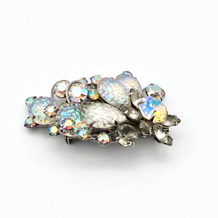 60s Iridescent Glass & Rhinestone Curled Brooch