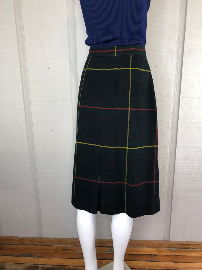 60s Wool Window Pane Plaid Midi Skirt     w29