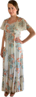 70s Flounce Sleeve Peach & Blue Floral Prairie Dress  w30