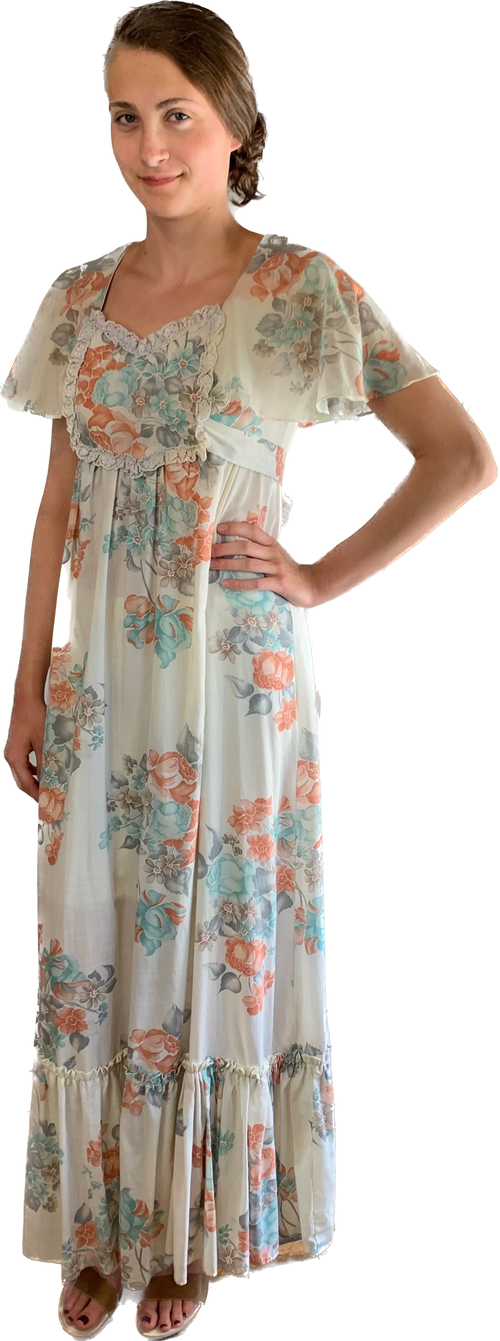 70s Flounce Sleeve Peach & Blue Floral Prairie Dress  w30