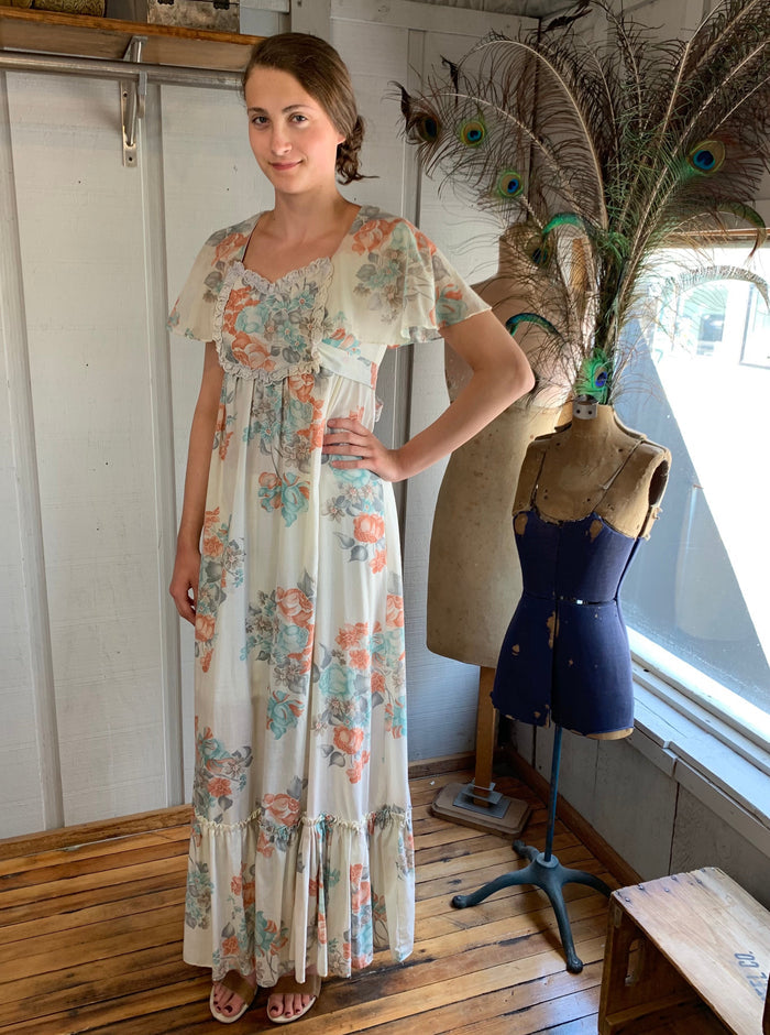 70s Flounce Sleeve Peach & Blue Floral Prairie Dress  w30