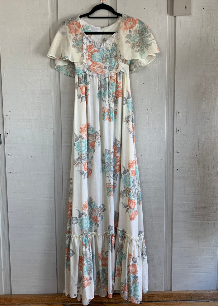 70s Flounce Sleeve Peach & Blue Floral Prairie Dress  w30