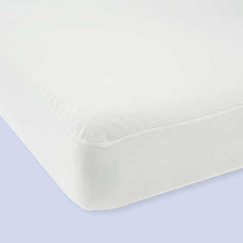 Close-up of a white fitted mattress protector on a bed, showcasing its smooth texture and snug fit for mattress protection.