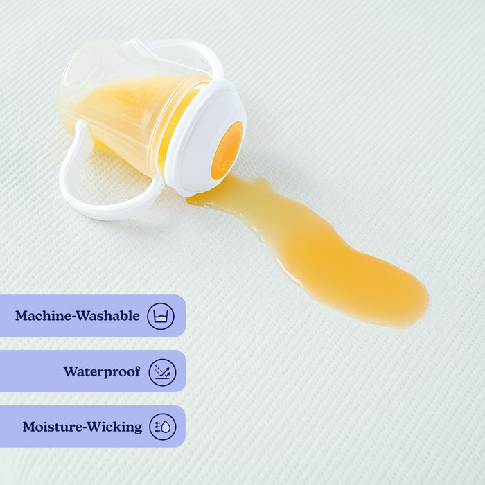 Spilled juice on waterproof, machine-washable, moisture-wicking fabric surface.