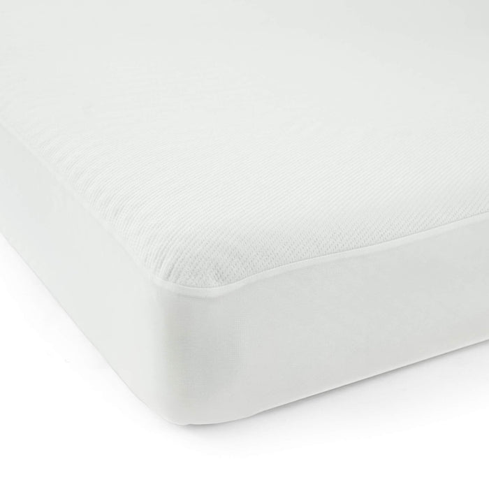 White memory foam mattress topper with smooth texture and snug fit for extra comfort.