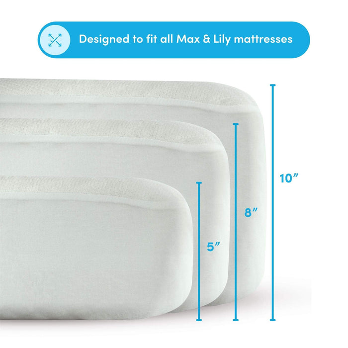 Three Max & Lily mattresses in different thicknesses: 5-inch, 8-inch, and 10-inch, with a label stating compatibility with all Max & Lily mattress sizes.