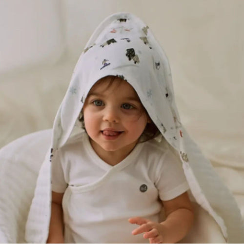 9-Layer Organic Cotton Muslin Hooded Baby Bath Towel