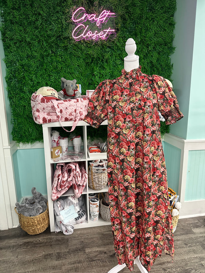 ENTRO Floral Puff Sleeve Mini Dress In Brick