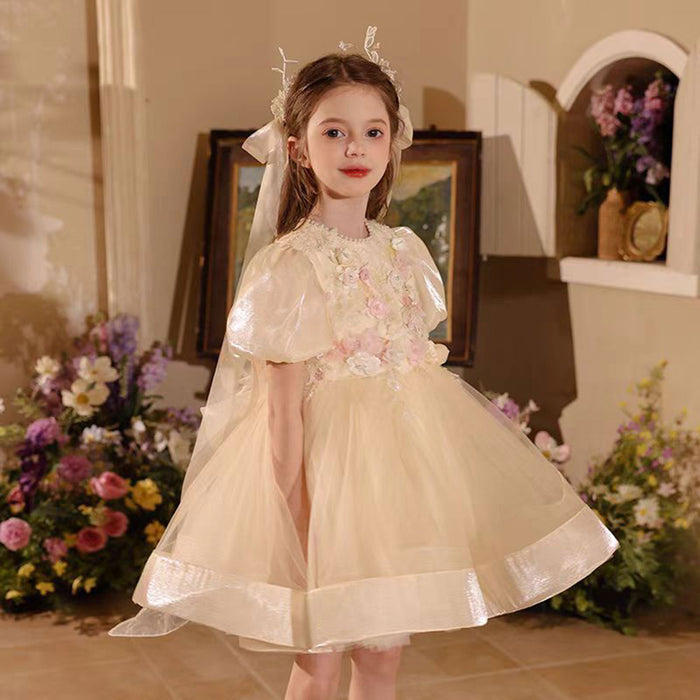 Adorable Applique Pearl Tulle Flower Girl Dress Champagne J504