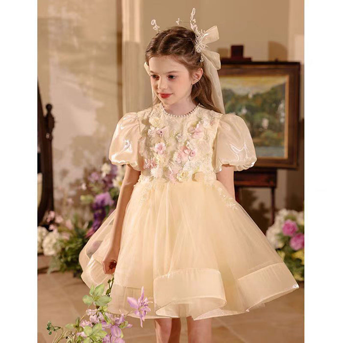Adorable Applique Pearl Tulle Flower Girl Dress Champagne J504