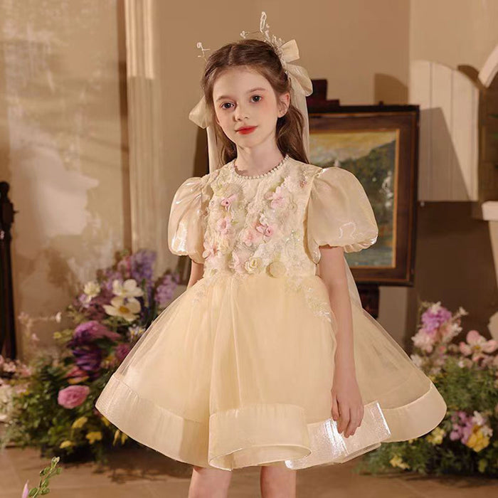 Adorable Applique Pearl Tulle Flower Girl Dress Champagne J504
