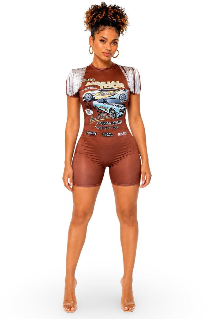 All I do Is Win - Women's Fringe Detail Racing Graphic Tee Style Bermuda Romper