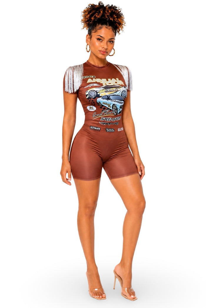 All I do Is Win - Women's Fringe Detail Racing Graphic Tee Style Bermuda Romper