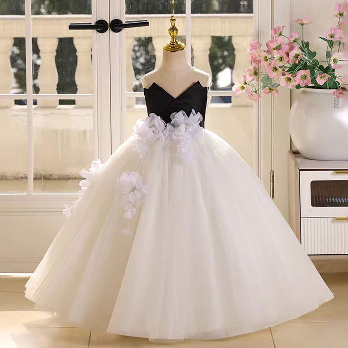 Applique Black Top White Tulle Flower Girl Dress Sleeveless D021