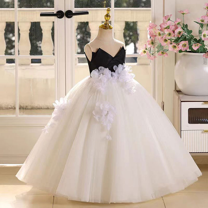 Applique Black Top White Tulle Flower Girl Dress Sleeveless D021