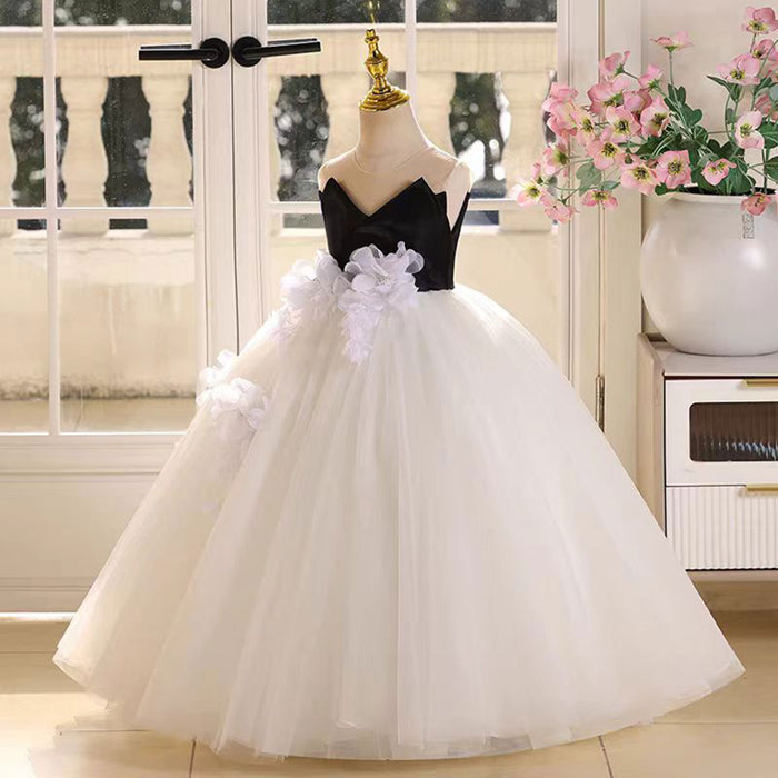 Applique Black Top White Tulle Flower Girl Dress Sleeveless D021