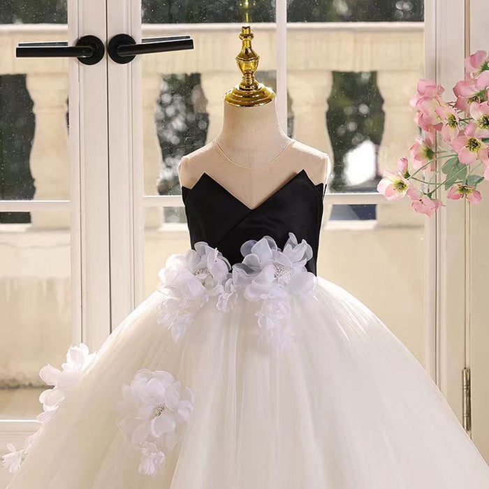 Applique Black Top White Tulle Flower Girl Dress Sleeveless D021