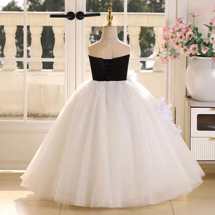 Applique Black Top White Tulle Flower Girl Dress Sleeveless D021