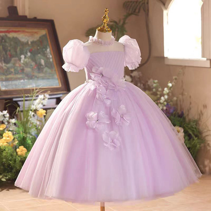 Applique Pearl Waist Adornment Tulle Pink Flower Girl Dress D020