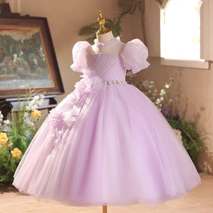 Applique Pearl Waist Adornment Tulle Pink Flower Girl Dress D020