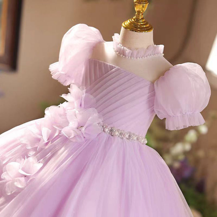 Applique Pearl Waist Adornment Tulle Pink Flower Girl Dress D020