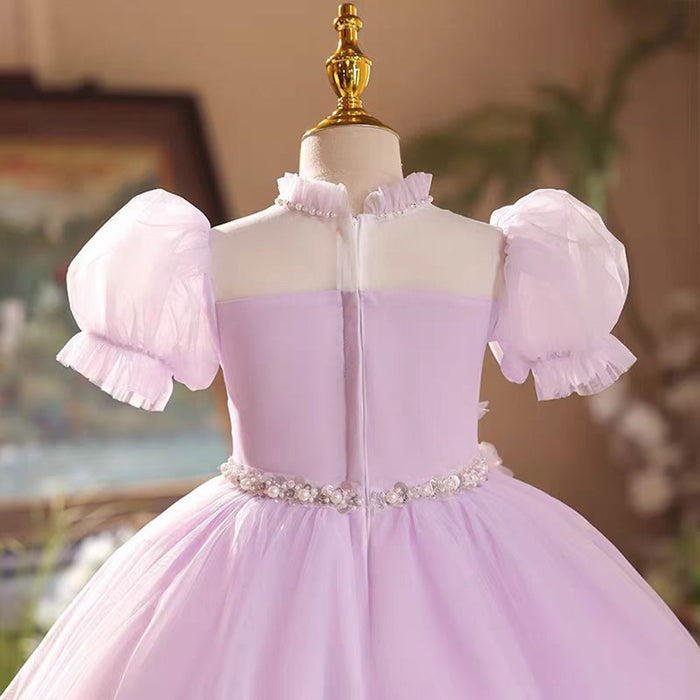 Applique Pearl Waist Adornment Tulle Pink Flower Girl Dress D020