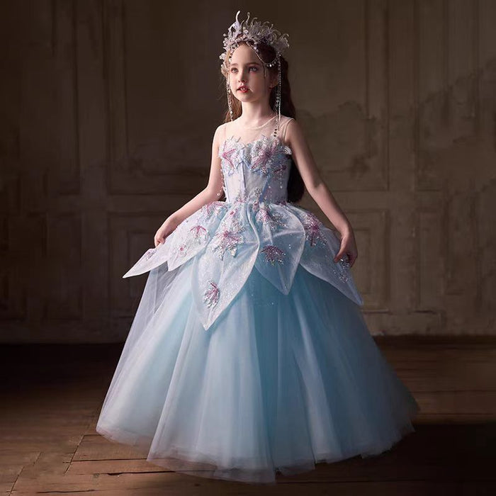 Beaded Blue Flower Girl Dress for Kids Party Birthday J392