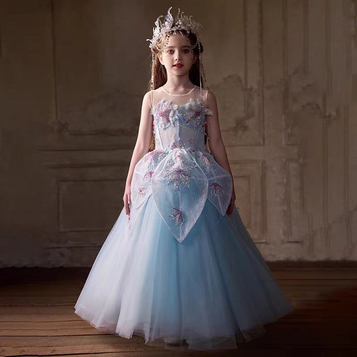 Beaded Blue Flower Girl Dress for Kids Party Birthday J392