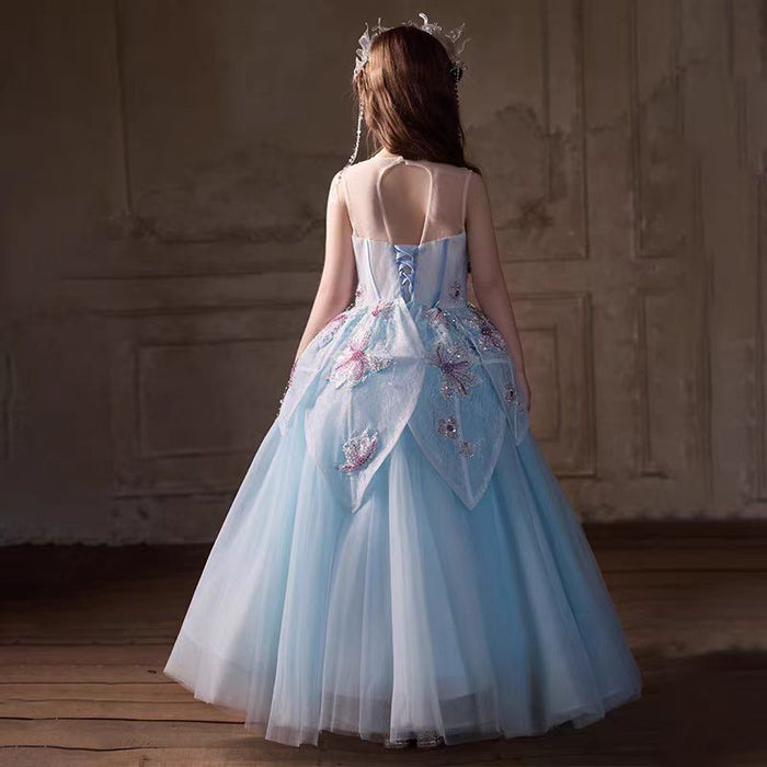 Beaded Blue Flower Girl Dress for Kids Party Birthday J392