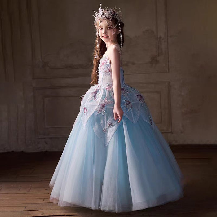 Beaded Blue Flower Girl Dress for Kids Party Birthday J392