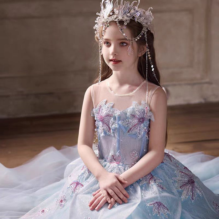 Beaded Blue Flower Girl Dress for Kids Party Birthday J392