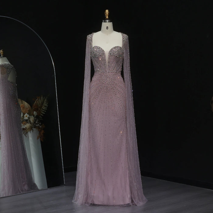 Beaded Nude Dubai Dress with Cape Sleeves Pink Arabic Gown SS194