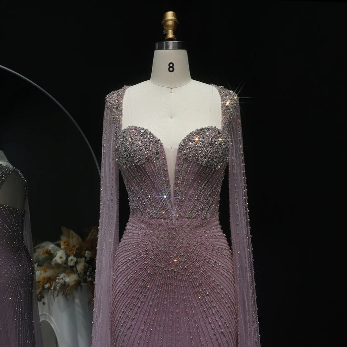 Beaded Nude Dubai Dress with Cape Sleeves Pink Arabic Gown SS194