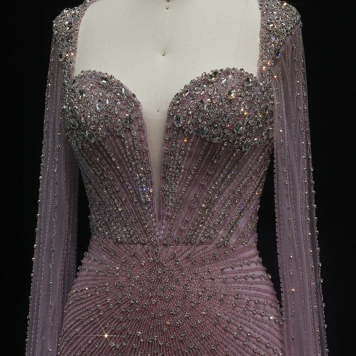 Beaded Nude Dubai Dress with Cape Sleeves Pink Arabic Gown SS194
