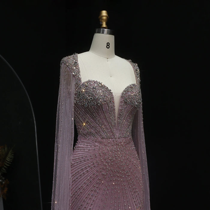 Beaded Nude Dubai Dress with Cape Sleeves Pink Arabic Gown SS194