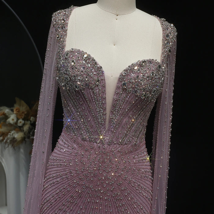 Beaded Nude Dubai Dress with Cape Sleeves Pink Arabic Gown SS194