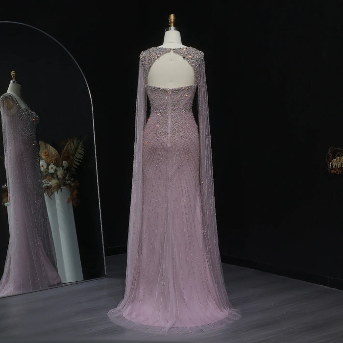 Beaded Nude Dubai Dress with Cape Sleeves Pink Arabic Gown SS194