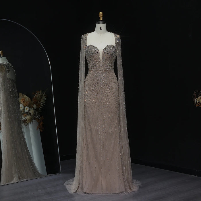 Beaded Nude Dubai Dress with Cape Sleeves Pink Arabic Gown SS194