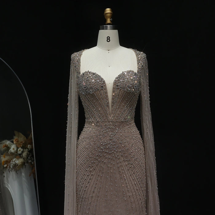 Beaded Nude Dubai Dress with Cape Sleeves Pink Arabic Gown SS194