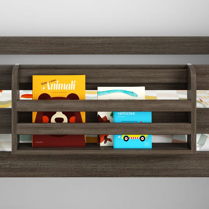 Dark brown wooden wall-mounted kids' bookshelf displaying colorful picture books, modern nursery wall storage and children's book rack