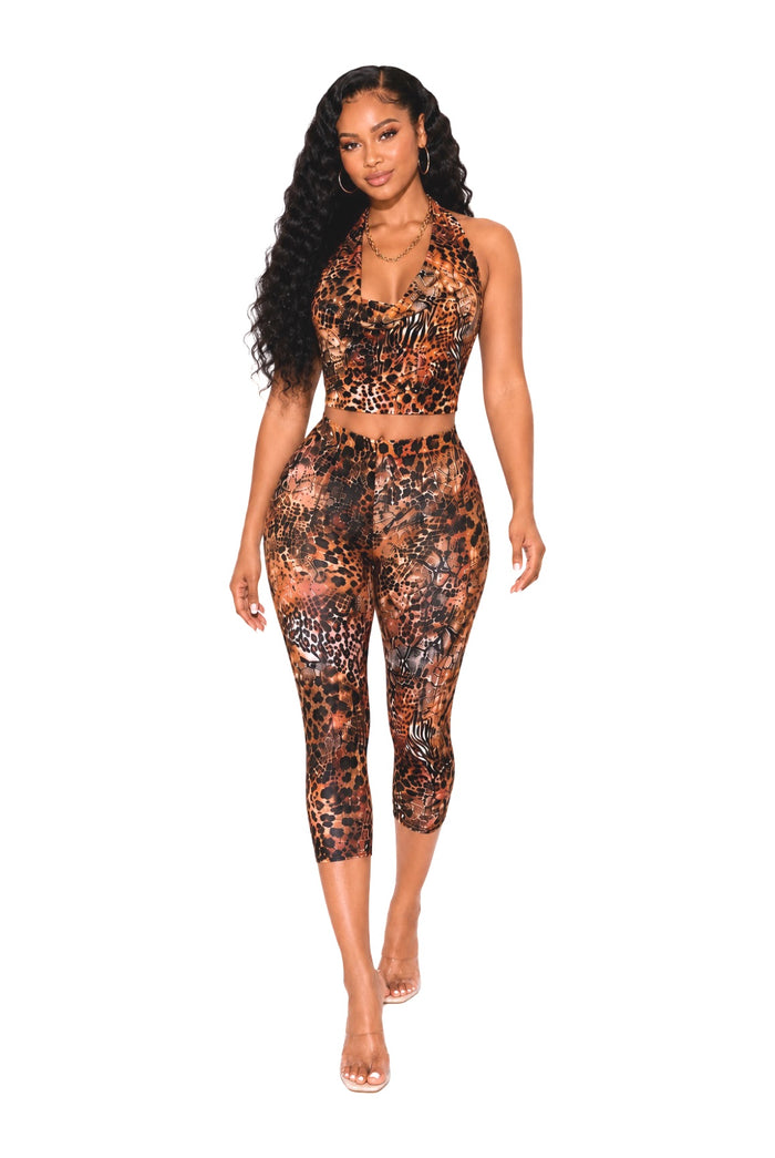 Beg For It - Matching Animal Print Cowl Neck Crop Capri Pants Set