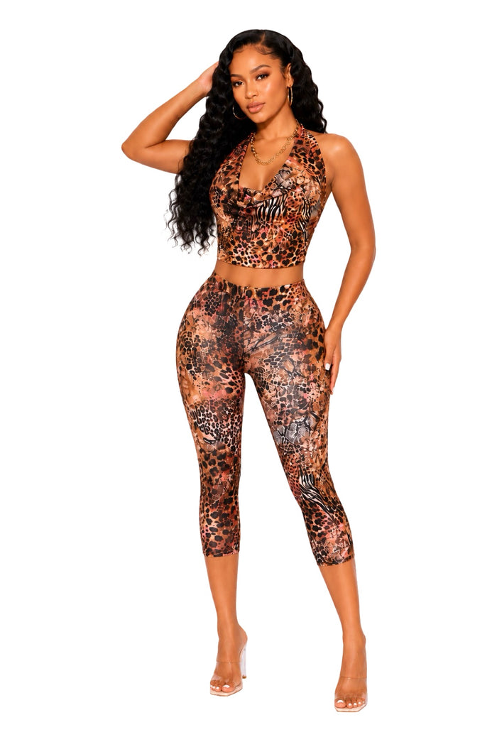 Beg For It - Matching Animal Print Cowl Neck Crop Capri Pants Set