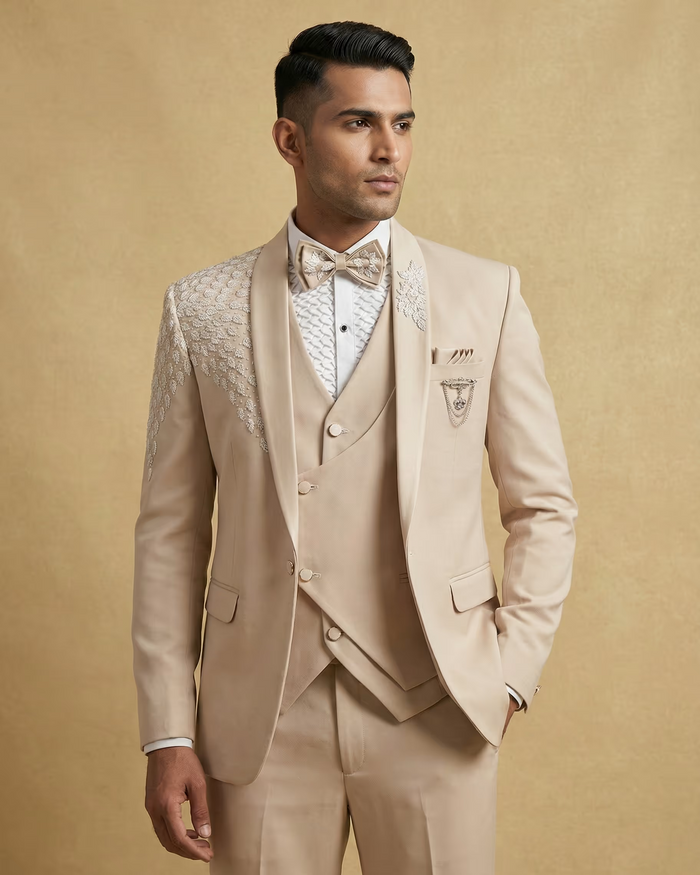 Beige Embroidery Work 5pc Wedding Suit