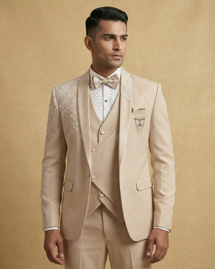 Beige Embroidery Work 5pc Wedding Suit
